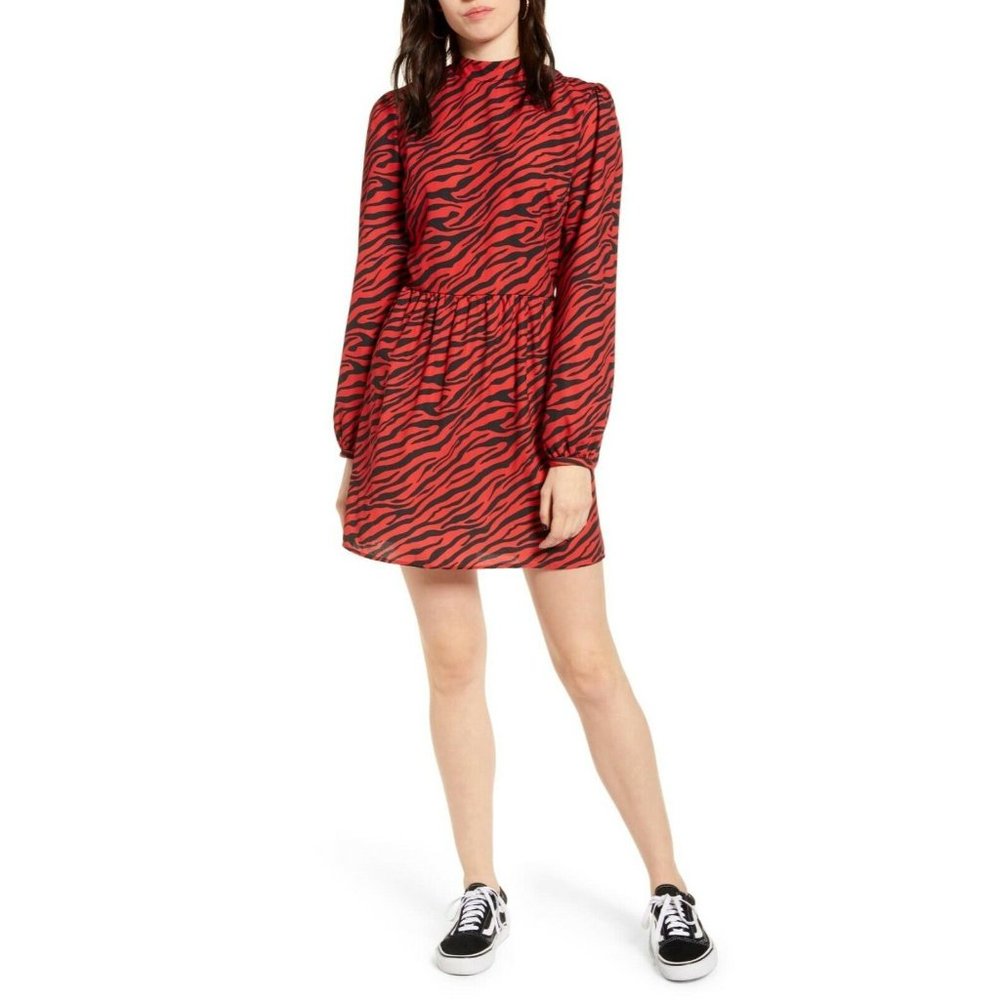 BP Womens Dress XS Red/Black Zebra Stripe Mock Neck Long Sleeve Skater Punk